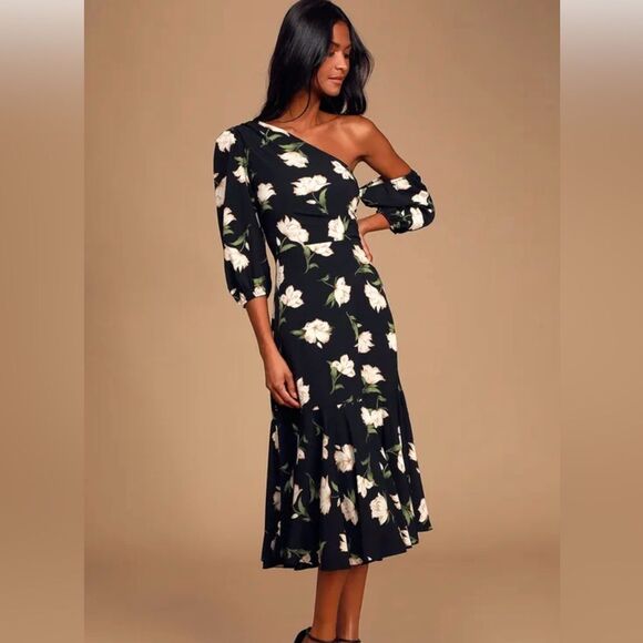 Lulus Florally in Love Black Floral Print Asymmetrical Midi
Dress - Picture 1 of 5